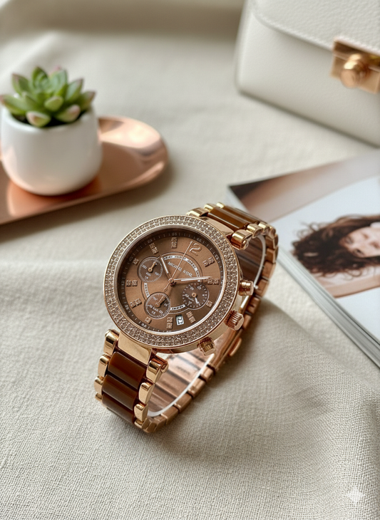 Michael Kors Luxury Brown & Gold Watch for Her β Model MK5896 7A Premium Collection | Stylish Ceramic & Metal Combo