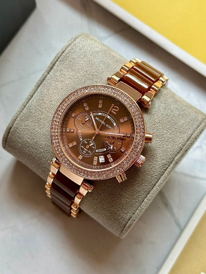 Michael Kors Luxury Brown & Gold Watch for Her – Model MK5896 7A Premium Collection | Stylish Ceramic & Metal Combo